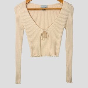 Sky & Sparrow Tie Front Ribbed Knit Top XS Beige  Pointelle Long Sleeve Cropped